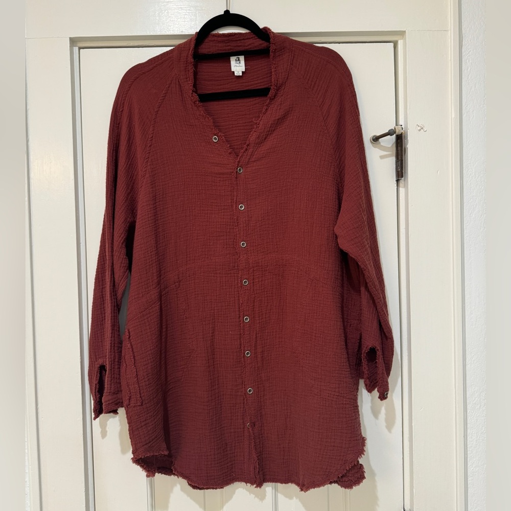 Maroon / Burgundy / Rust Raw Edge Button Down Tunic Shirt